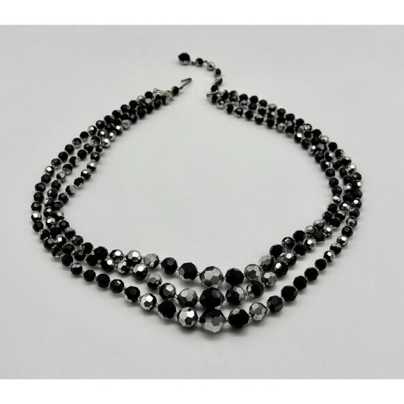 Vintage Necklace Black AB Crystals 3 Strands Adjustable from 18" to 20" Unsigned - Picture 2 of 14